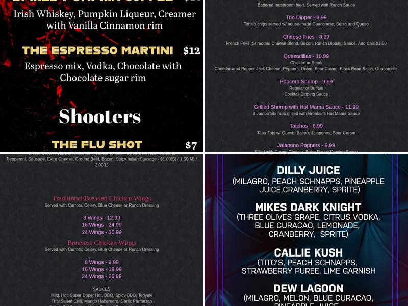 Breakers Sky Lounge Menu