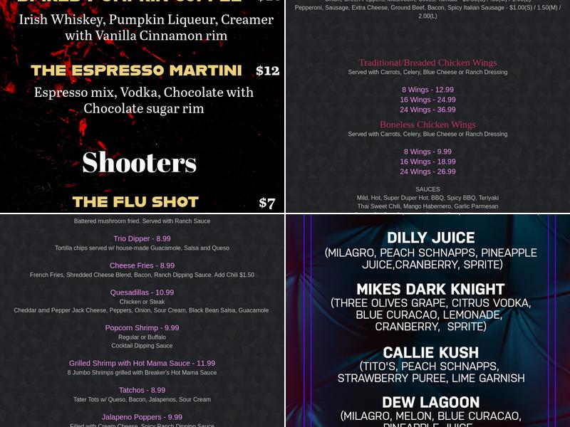 Breakers Sky Lounge Menu