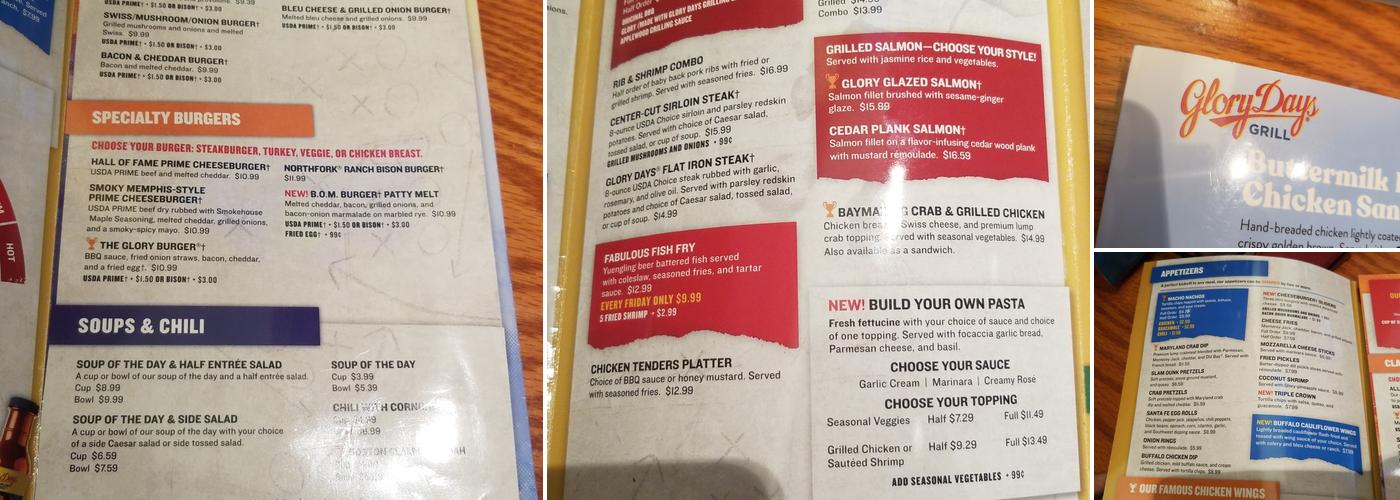 Glory Days Grill Menu
