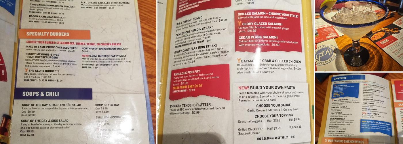 Glory Days Grill Menu