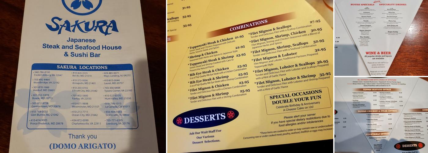 Sakura Japanese Steak, Seafood House & Sushi Bar Menu