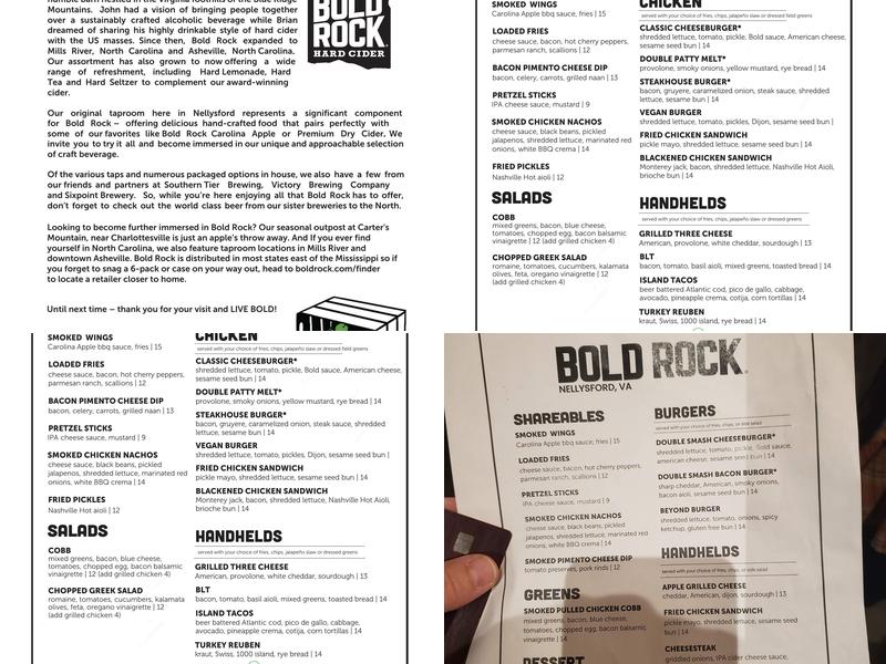 Bold Rock Nellysford Cidery Menu
