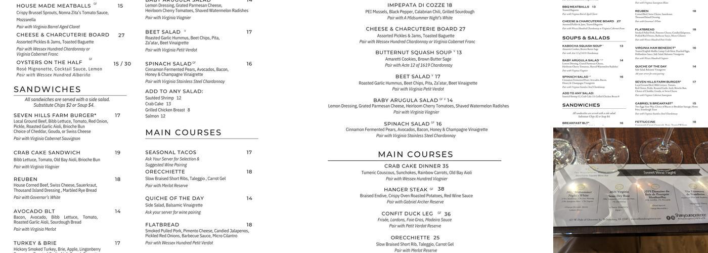 Williamsburg Winery Tasting Room and Wine Bar Menu