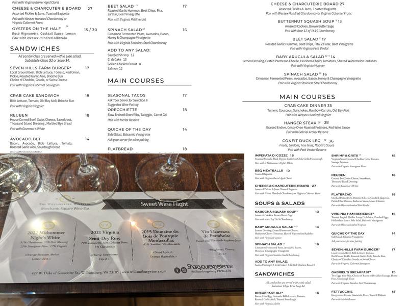 Williamsburg Winery Tasting Room and Wine Bar Menu