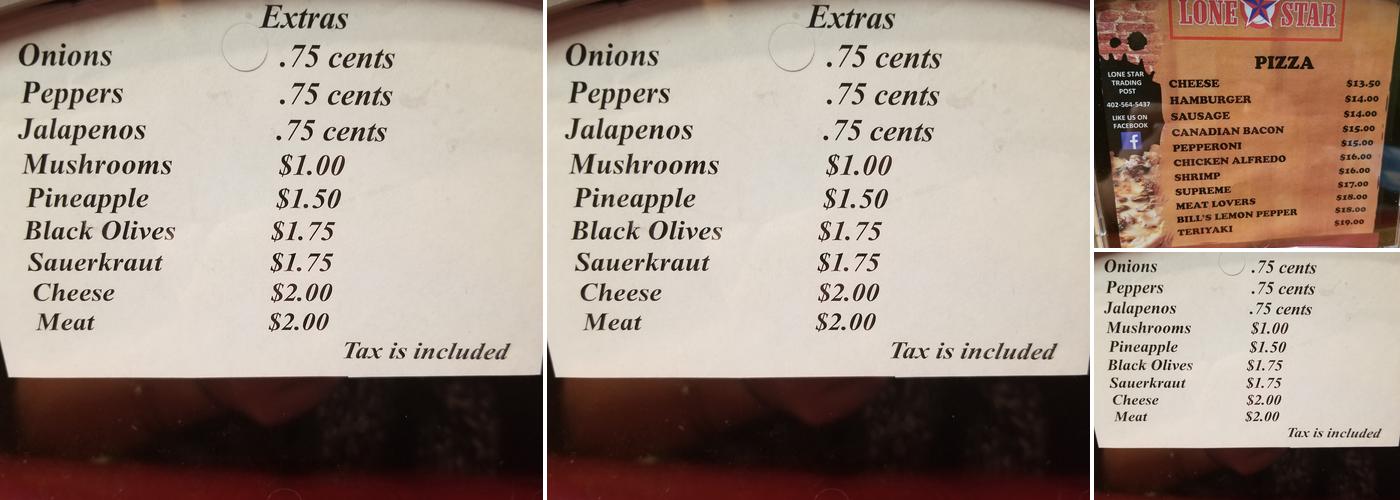 Lone Star Trading Post Menu