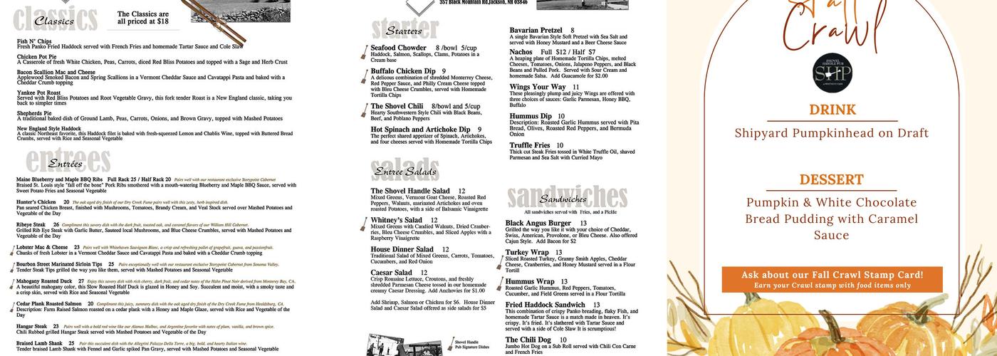 Shovel Handle Pub Menu