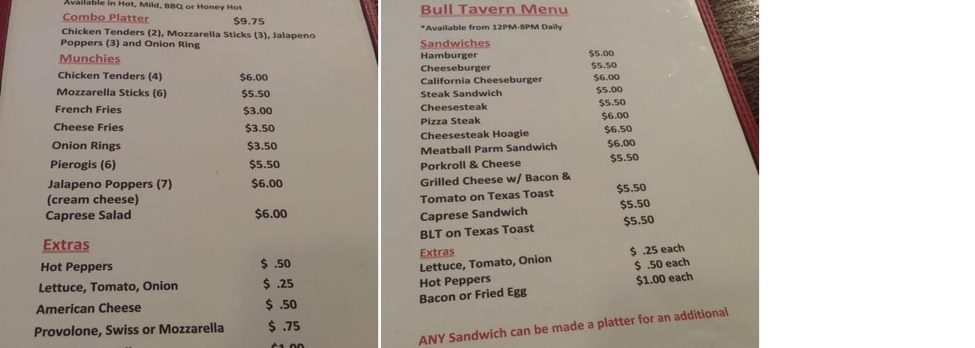 Bull Tavern Menu
