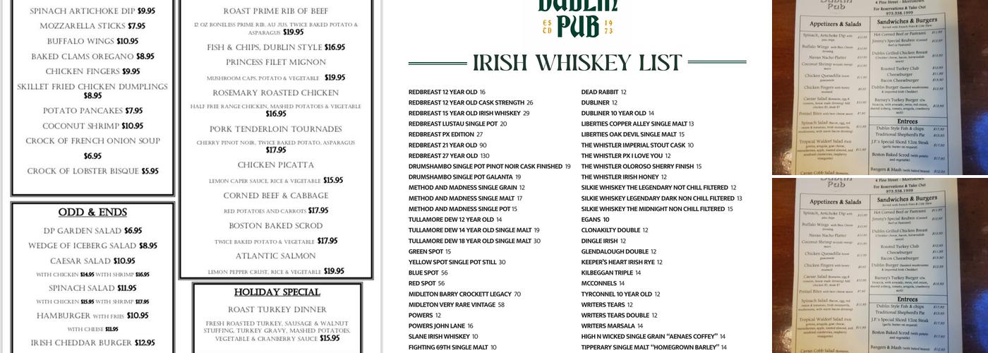 Dublin Pub Menu