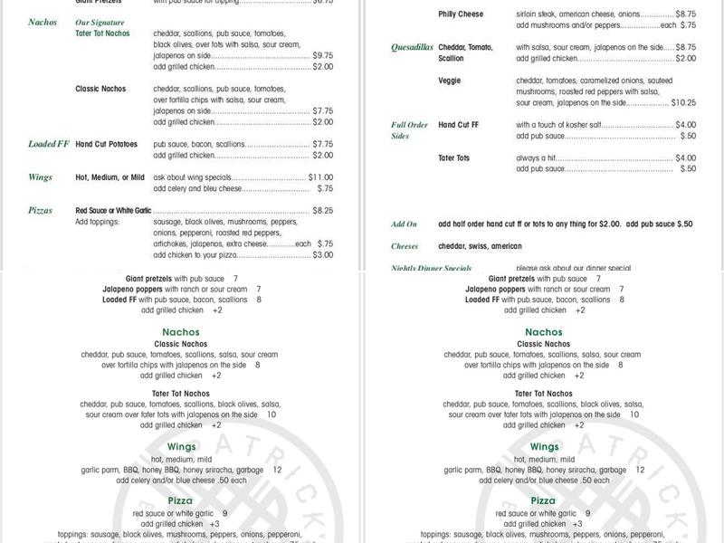 Patrick's Menu