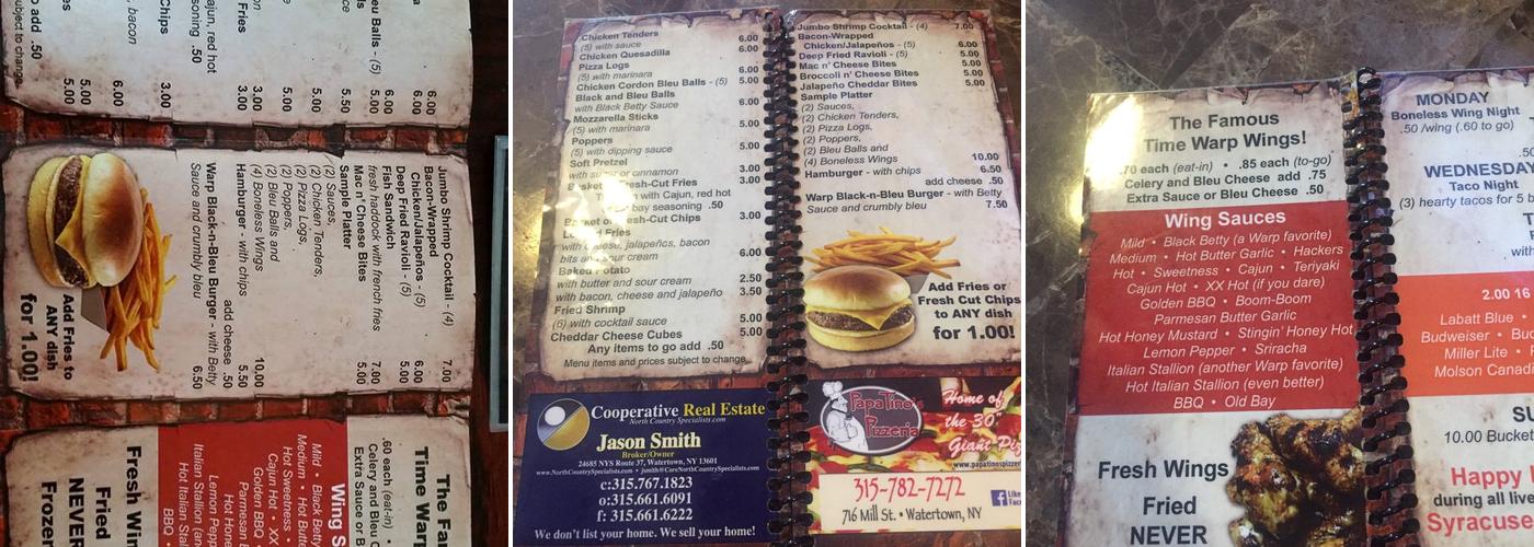 Time Warp Tavern Menu