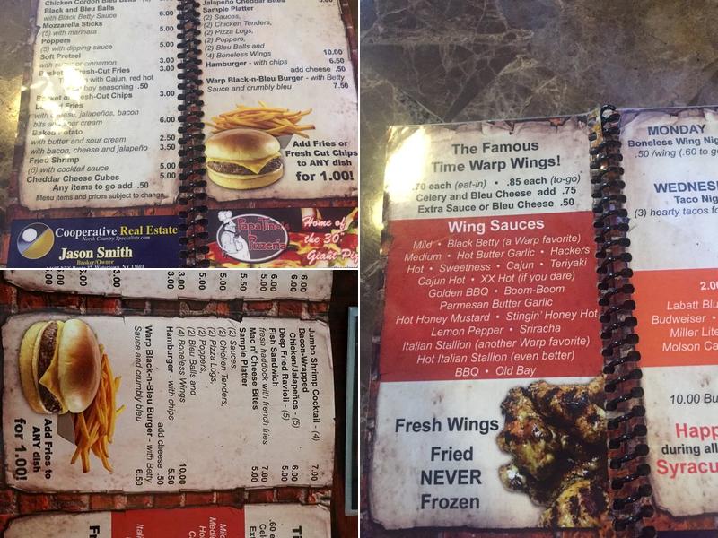 Time Warp Tavern Menu