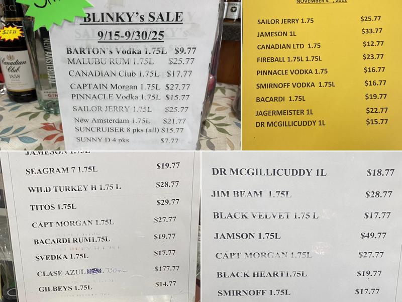 Blinky's Liquors Menu