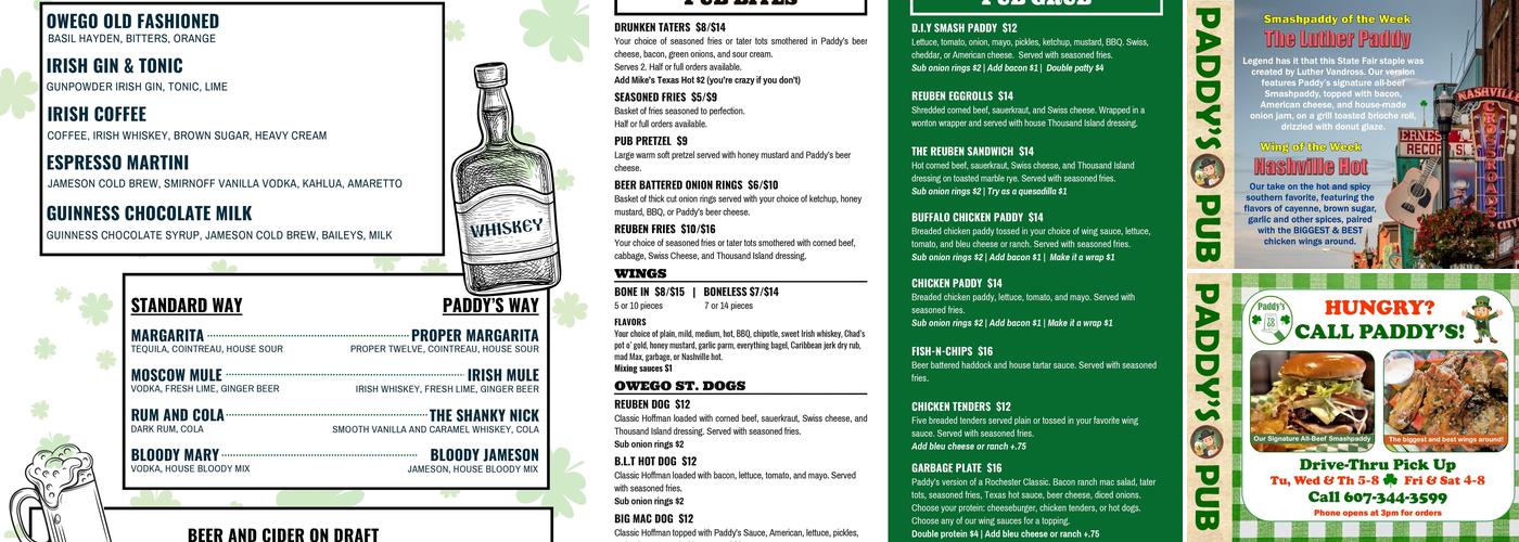 Paddy's Pub Menu