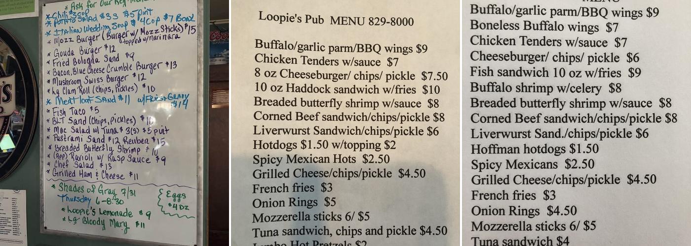 Loopie's Irish Pub LLC Menu