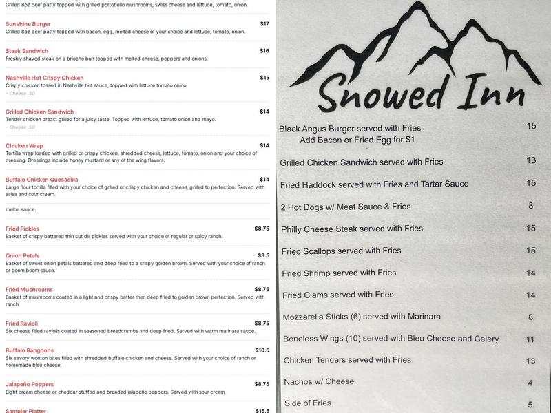 Snowed Inn Menu