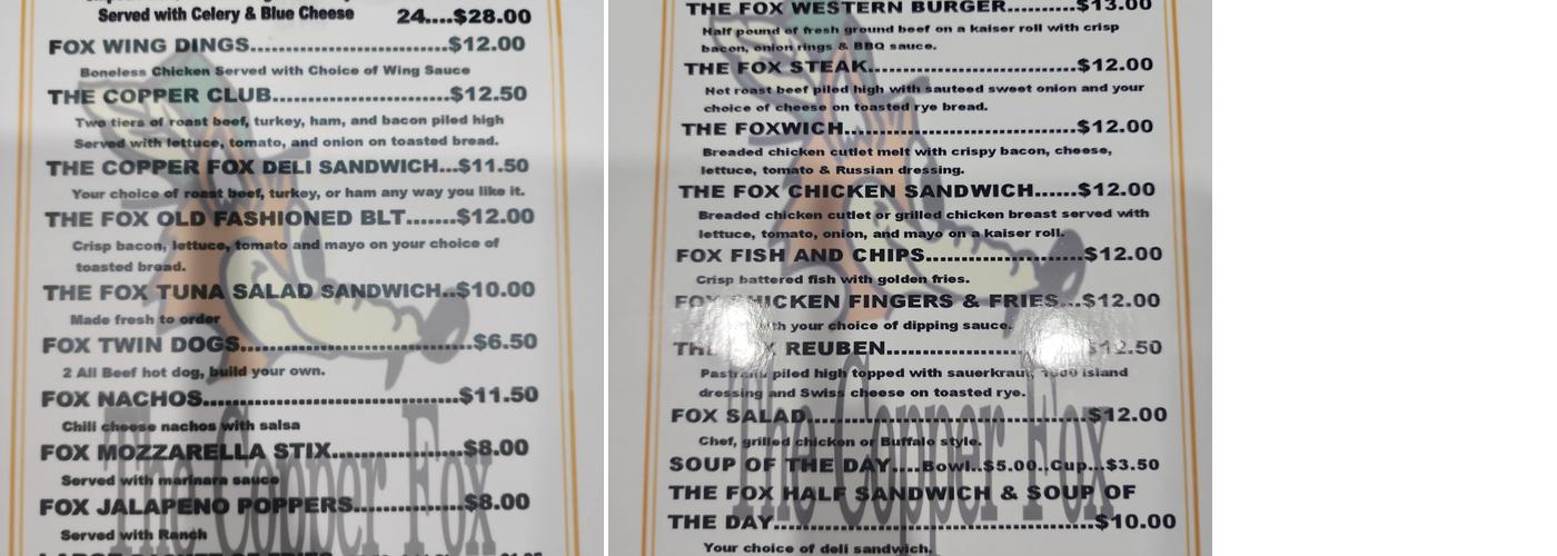 Copper Fox Menu