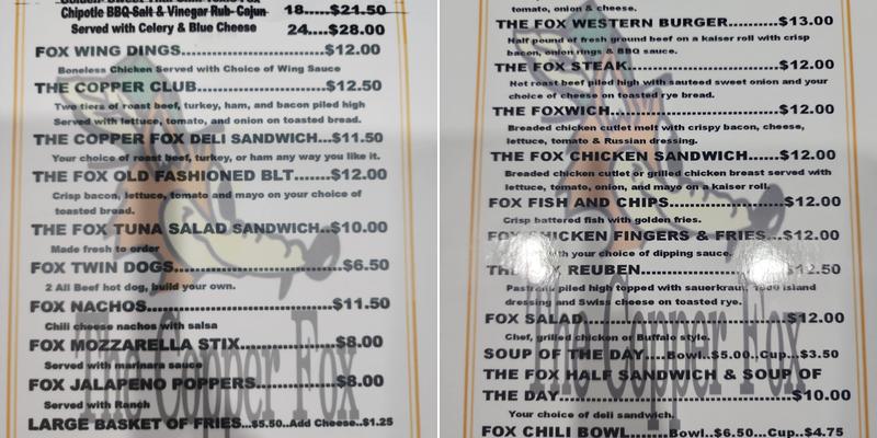 Copper Fox Menu