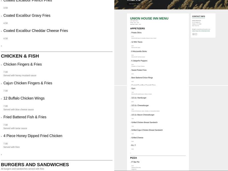 Union House Inn Menu