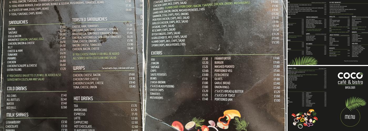 Coco Cafe Basildon Menu