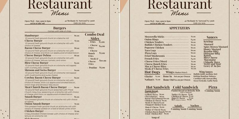 Gandy Dancers Rest Menu