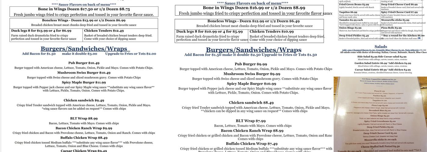 Raquette River Pub Menu