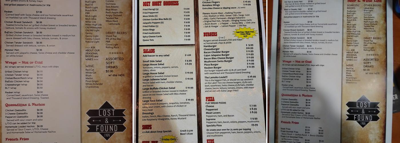 Lost & Found Inn Menu