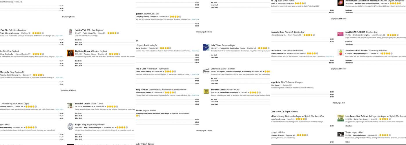 Carolina Beer Temple Menu