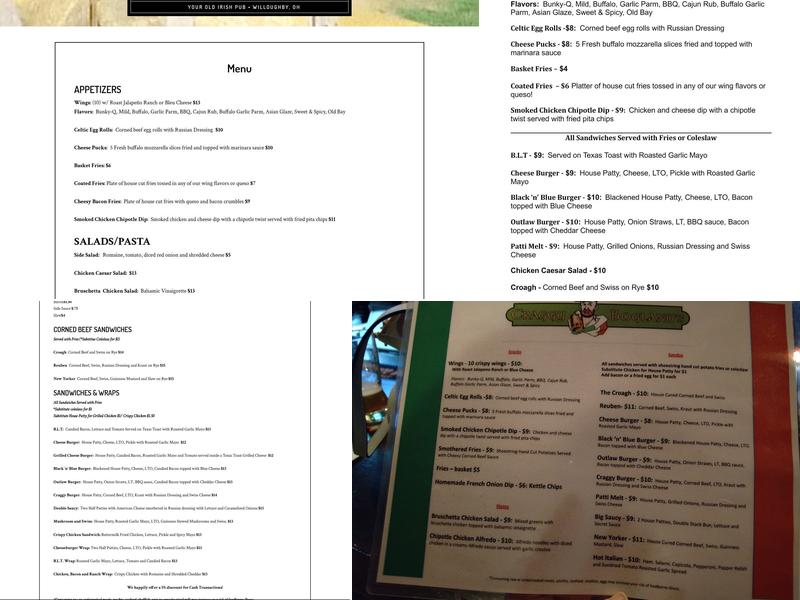 Craggy's Bogland's Pub Menu