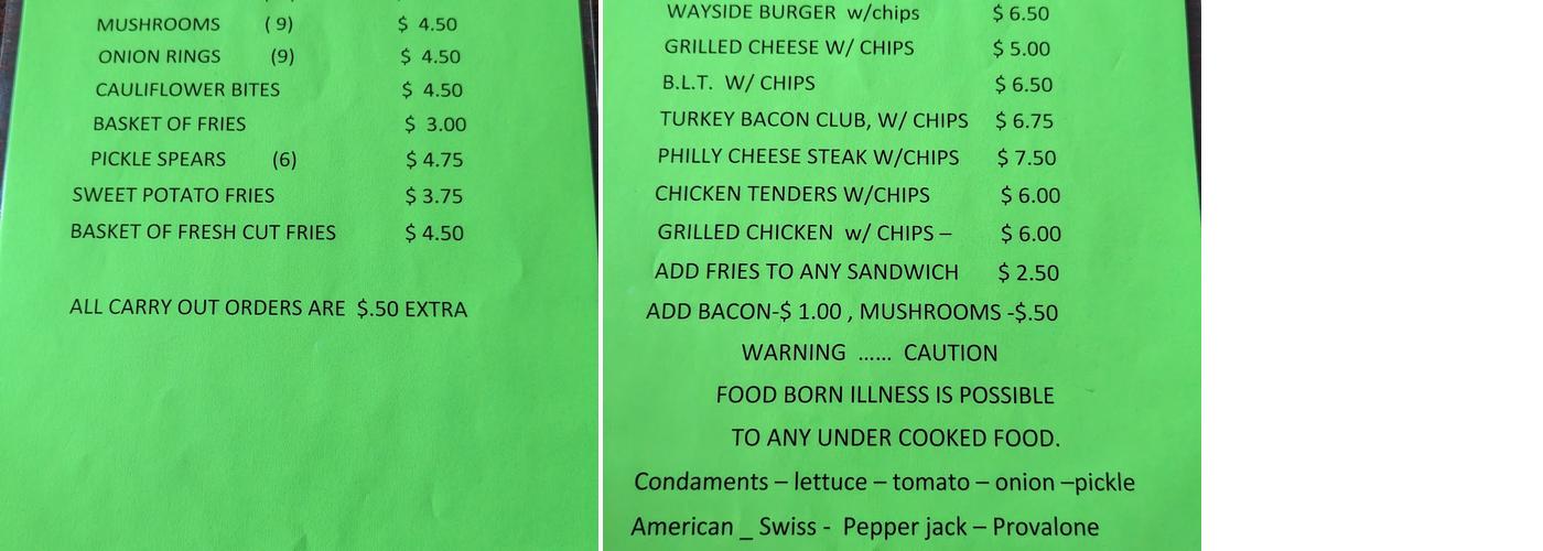 Wayside Inn Menu