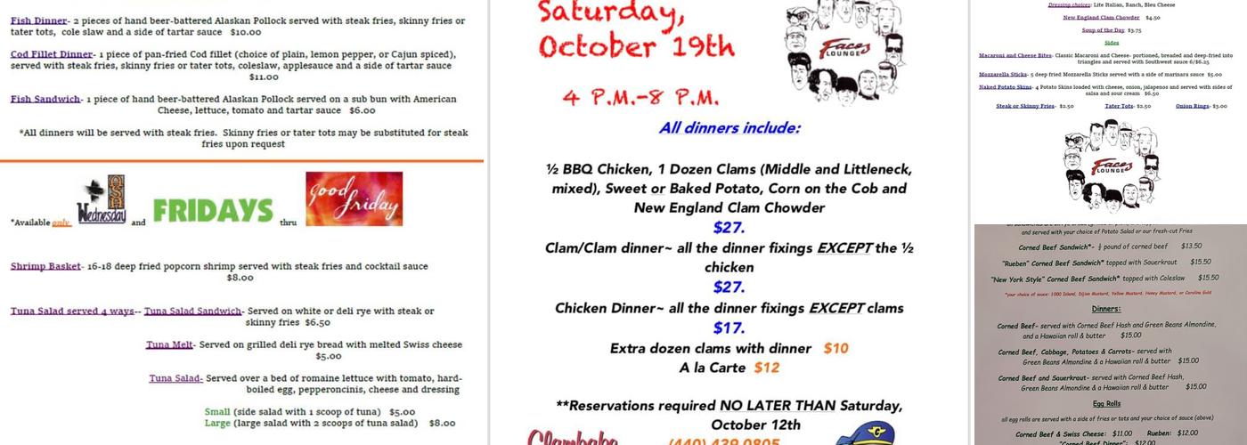 Faces Lounge Menu
