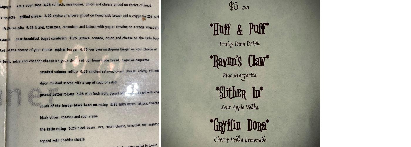 Zephyr Pub Menu
