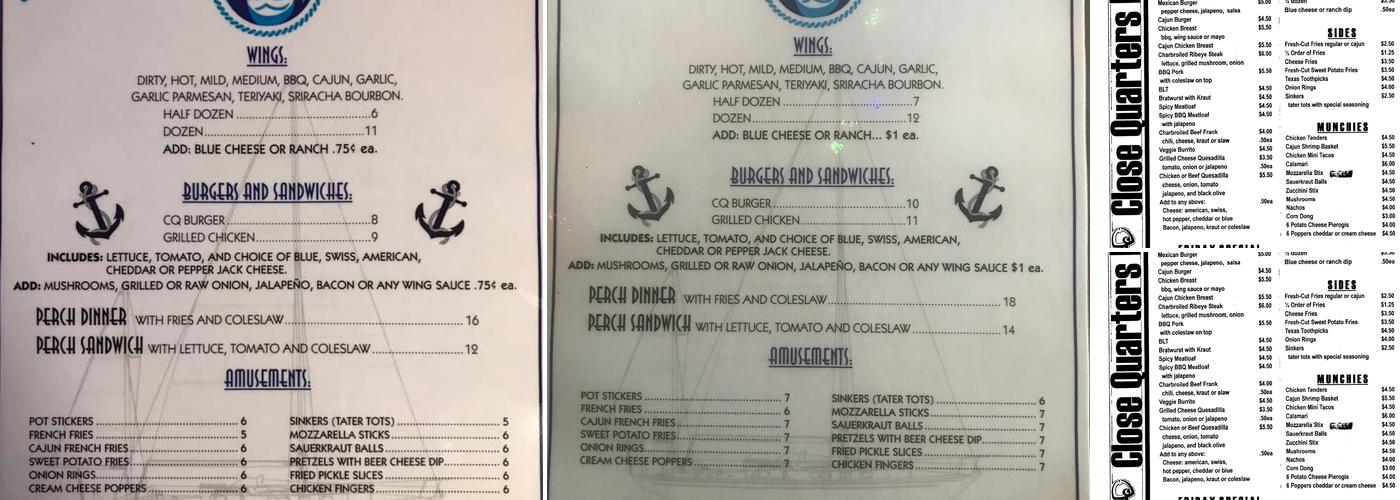 Close Quarters Pub Menu