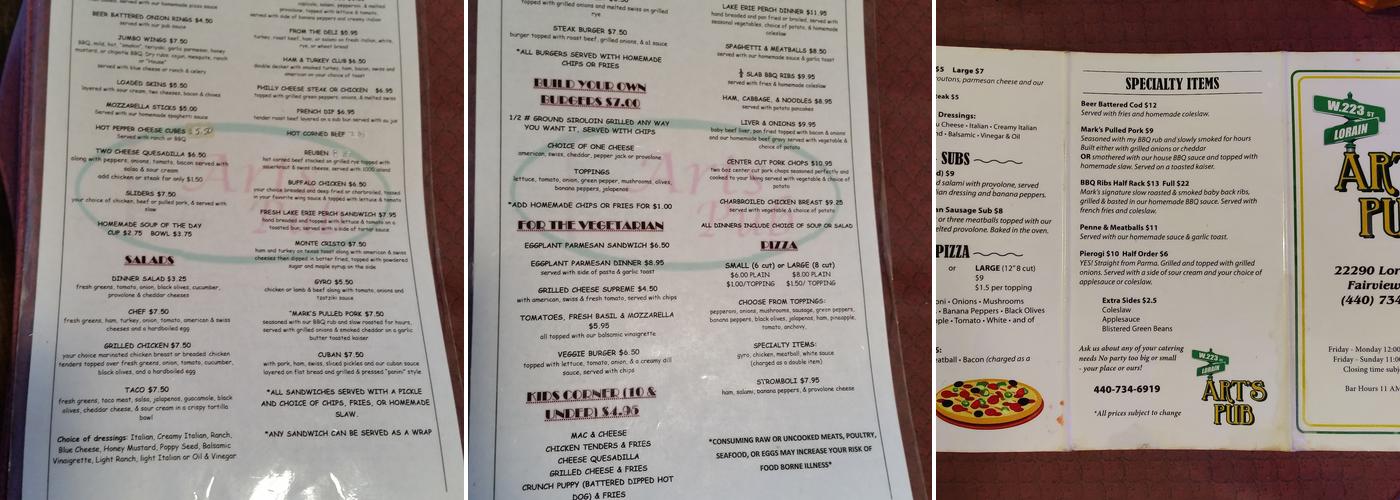 Art's Pub Menu