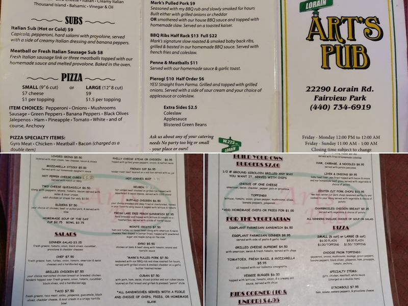 Art's Pub Menu