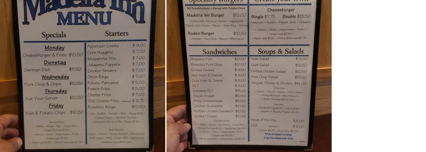 Madeira Inn Menu