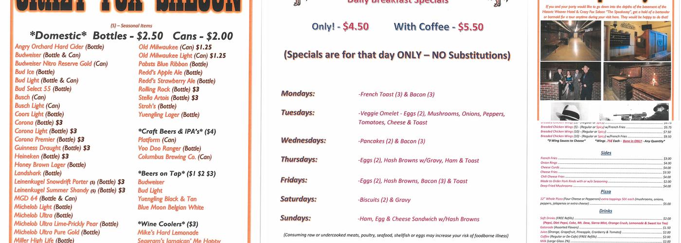Crazy Fox Saloon Menu