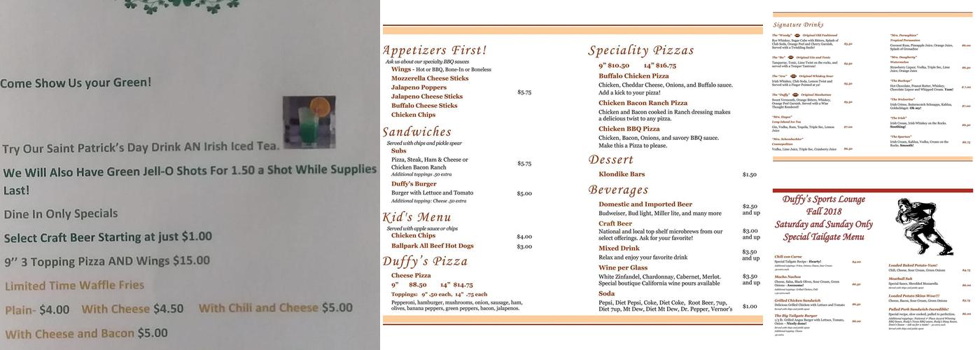 Duffys Lounge Menu