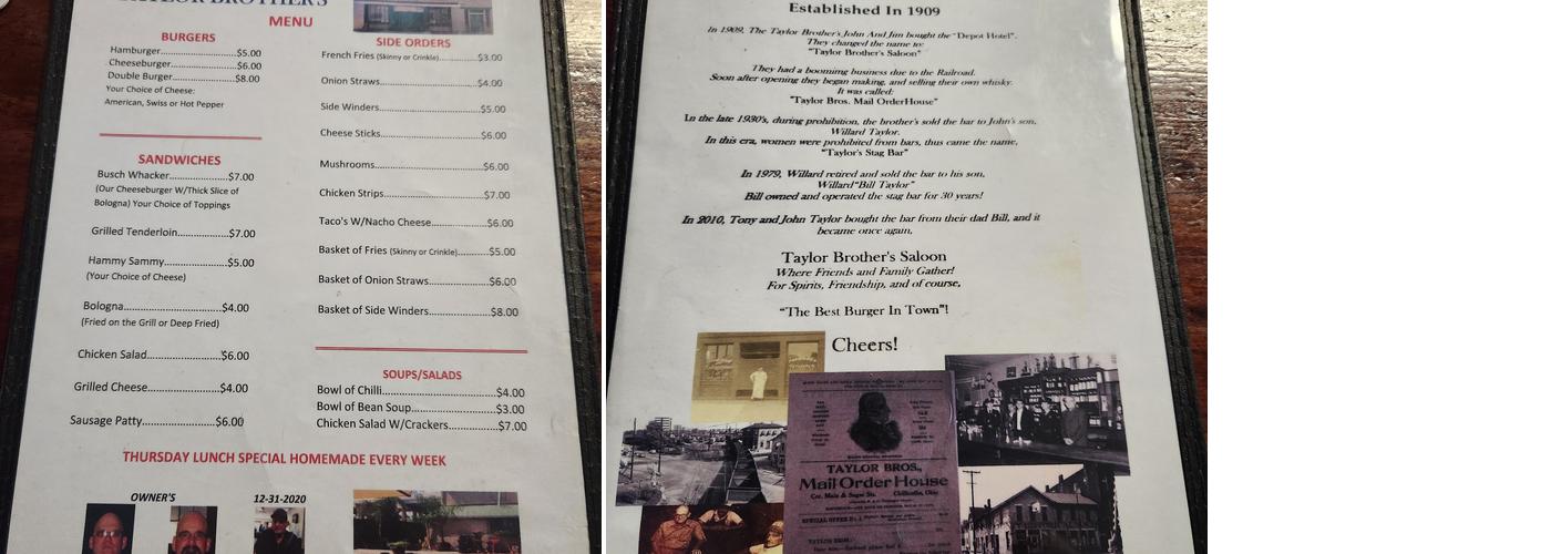 Taylor Brothers Saloon Menu