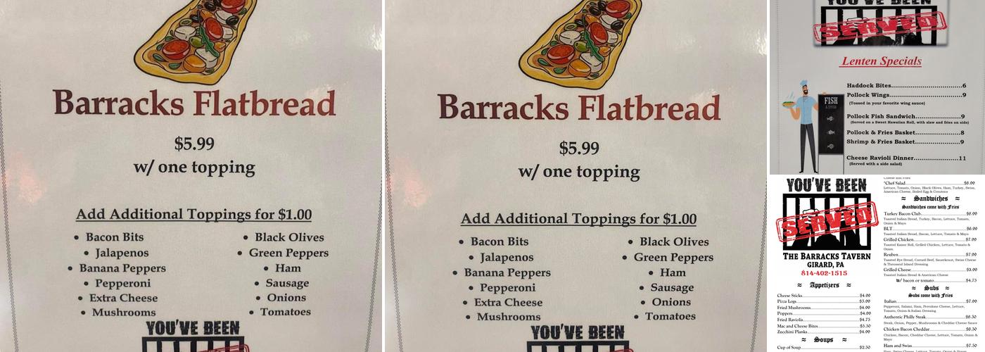 The Barracks Tavern Menu