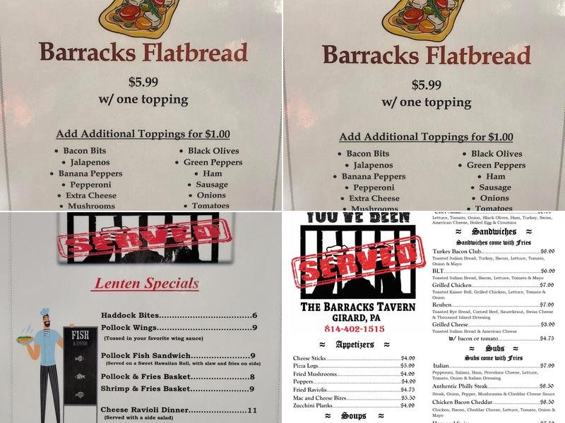 The Barracks Tavern Menu