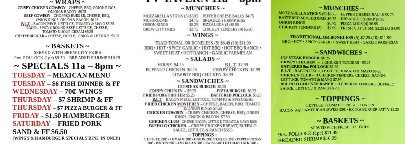 T V Tavern Menu