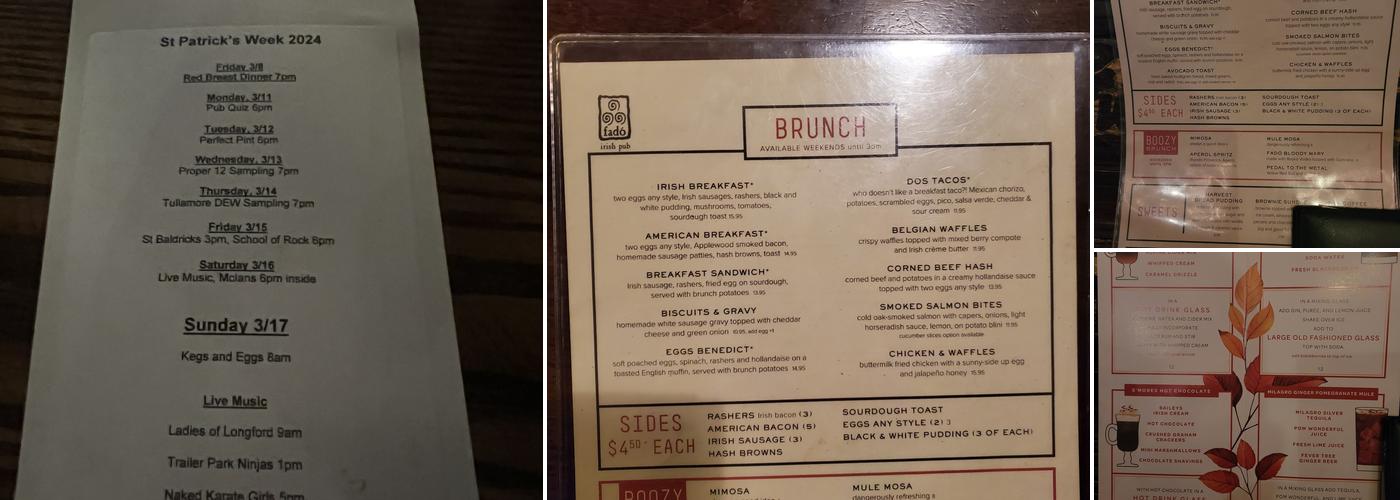 Fado Irish Pub Menu