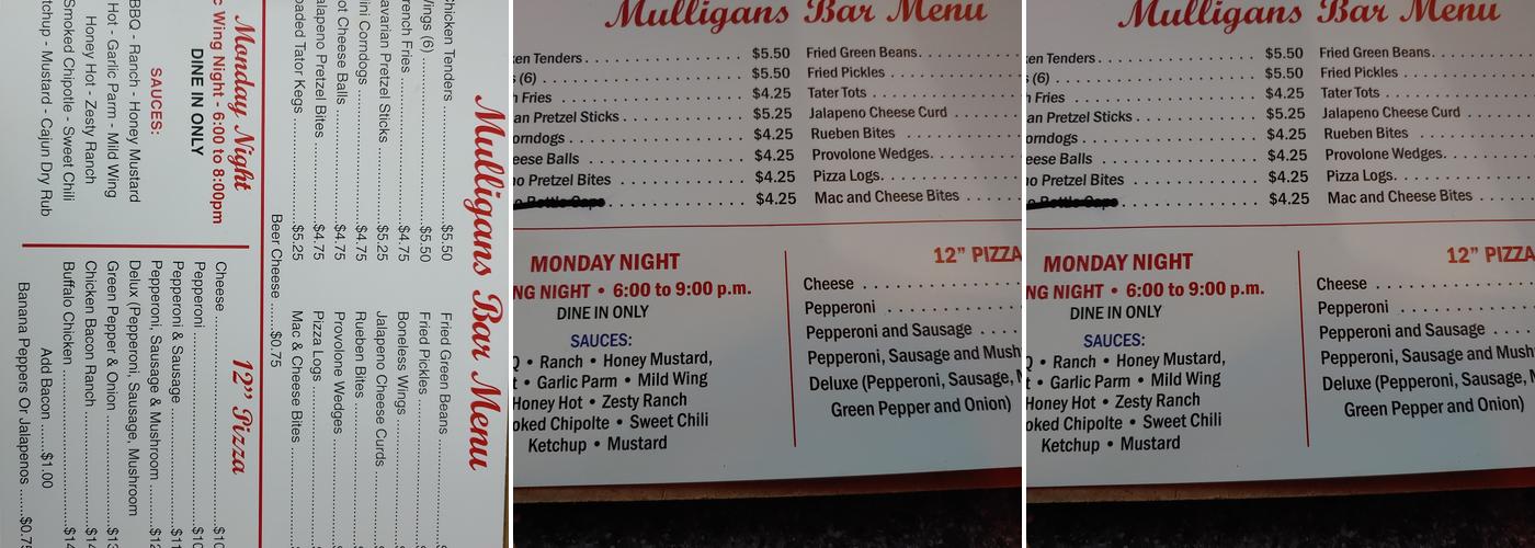 Mulligans Menu
