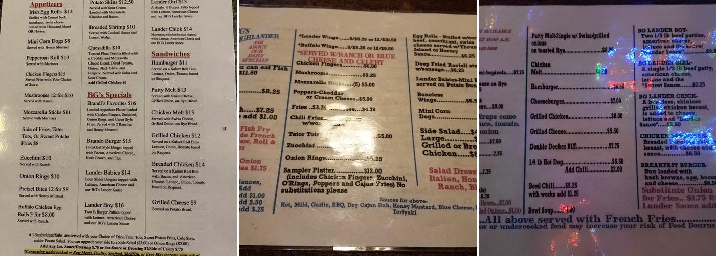 B G's Highlander Tavern Menu