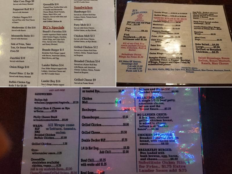 B G's Highlander Tavern Menu