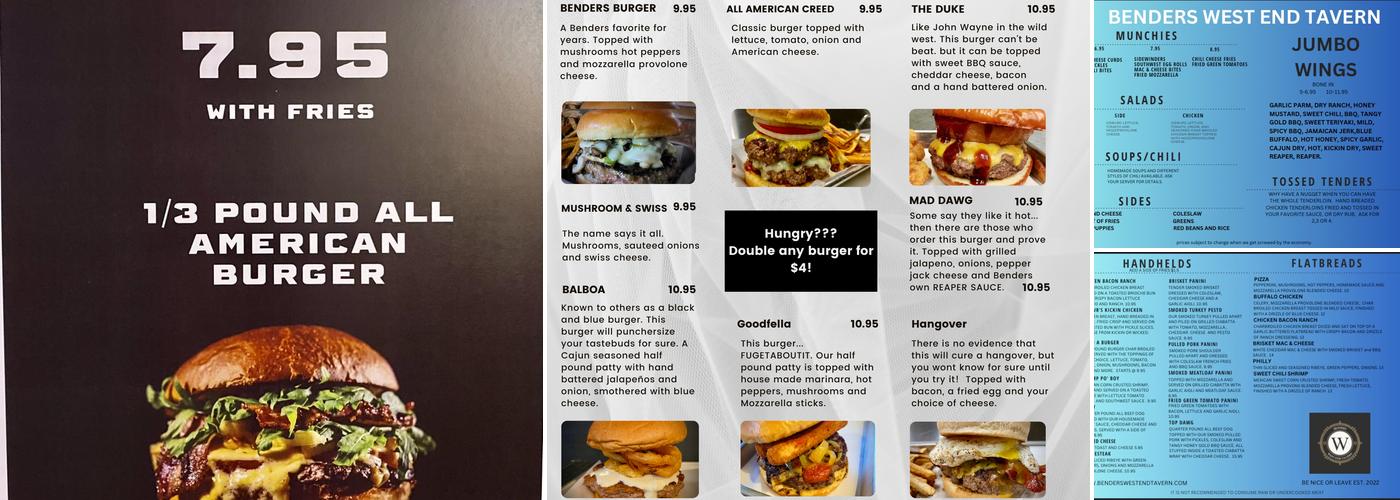 Benders West End Tavern Menu