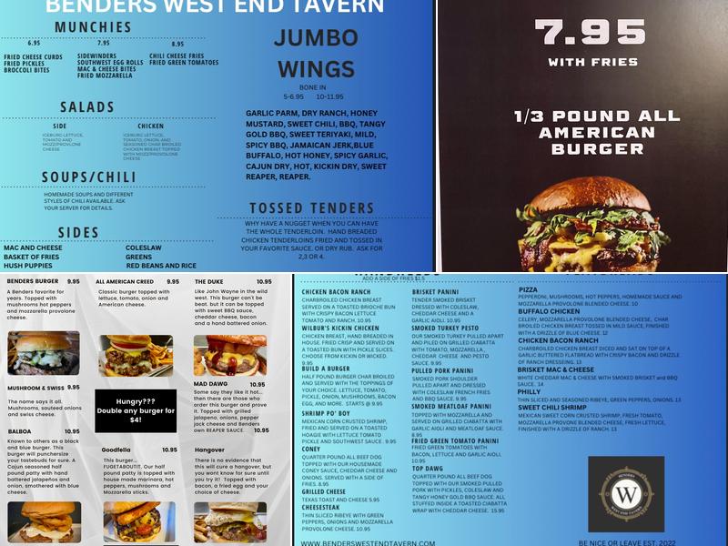 Benders West End Tavern Menu