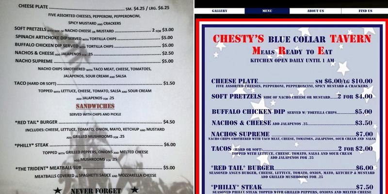 Chesty's Blue Collar Tavern Menu