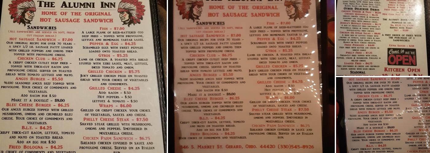Alumni Inn Menu