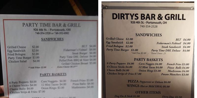 Partytime Pub Menu